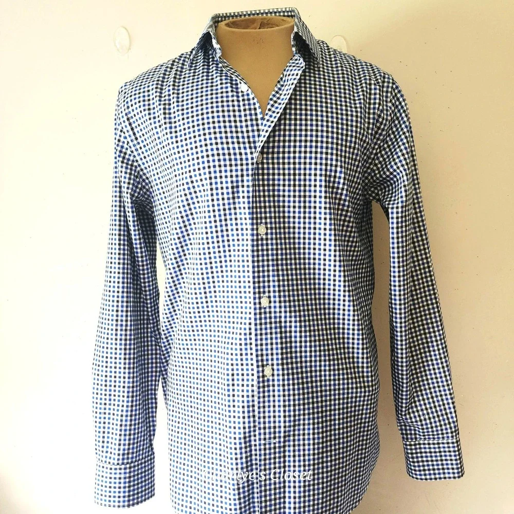 Banana Republic Button Up Blue/Black Gingham Mens M Non-Iron Slim Fit Shirt